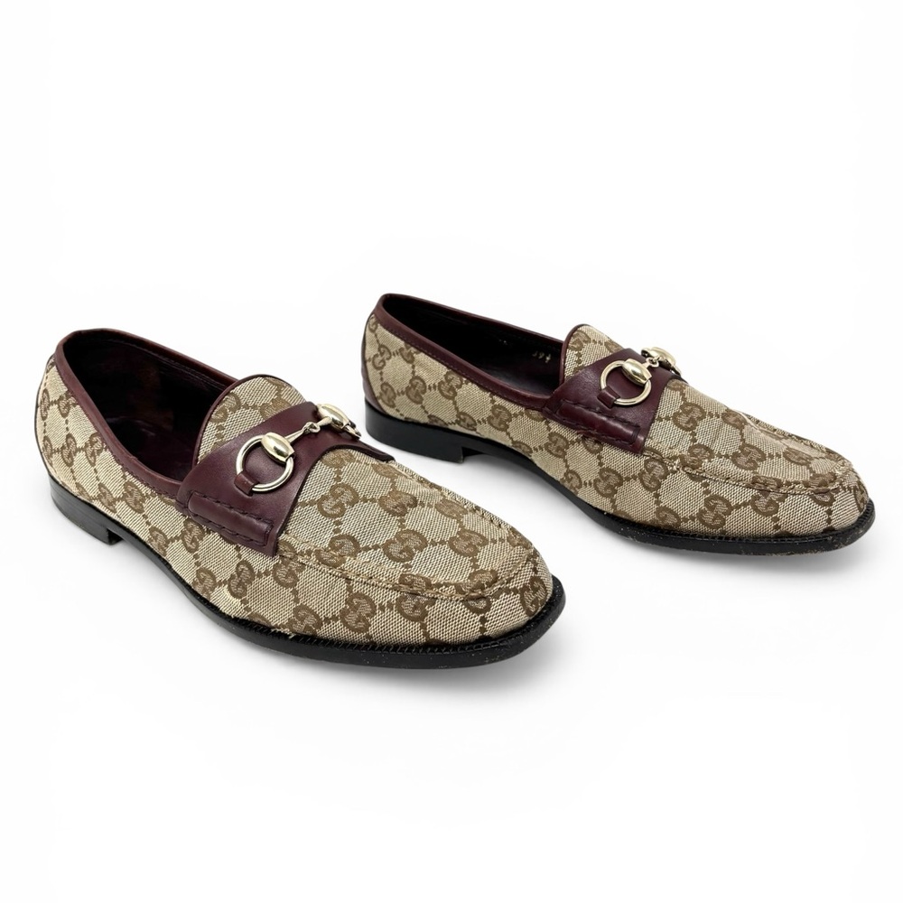 Gucci Horsebit GG Canvas Loafers Beige Brown Burgundy Size 39.5 9.5 Women Italy